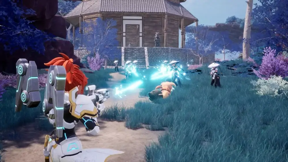 Palworld player fighting enemies near a wooden house