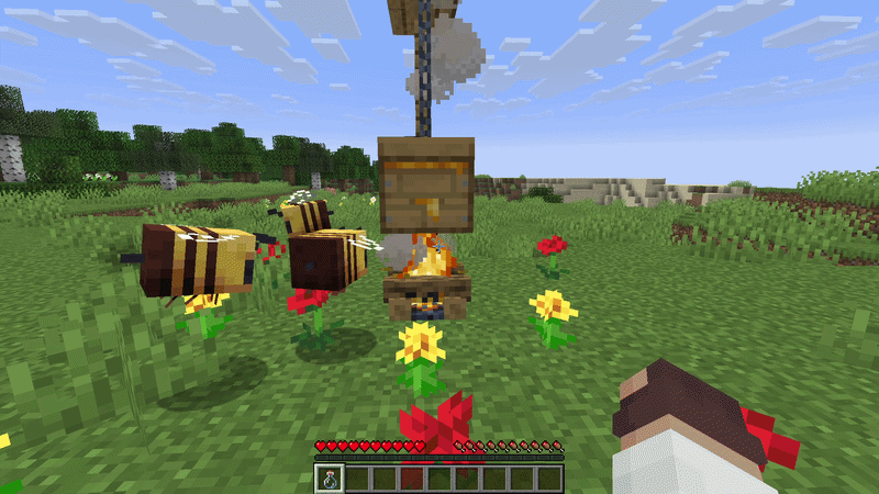 Minecraft bees flying around a beehive above a campfire and flowers