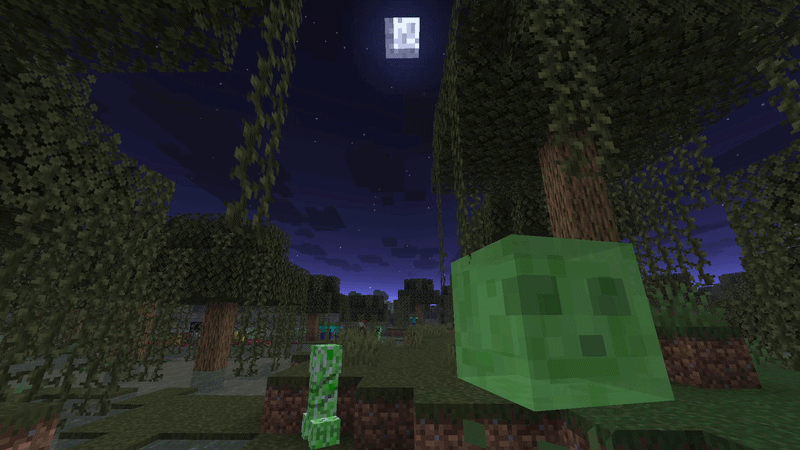 Minecraft slime spawning in a swamp biome at night under a full moon