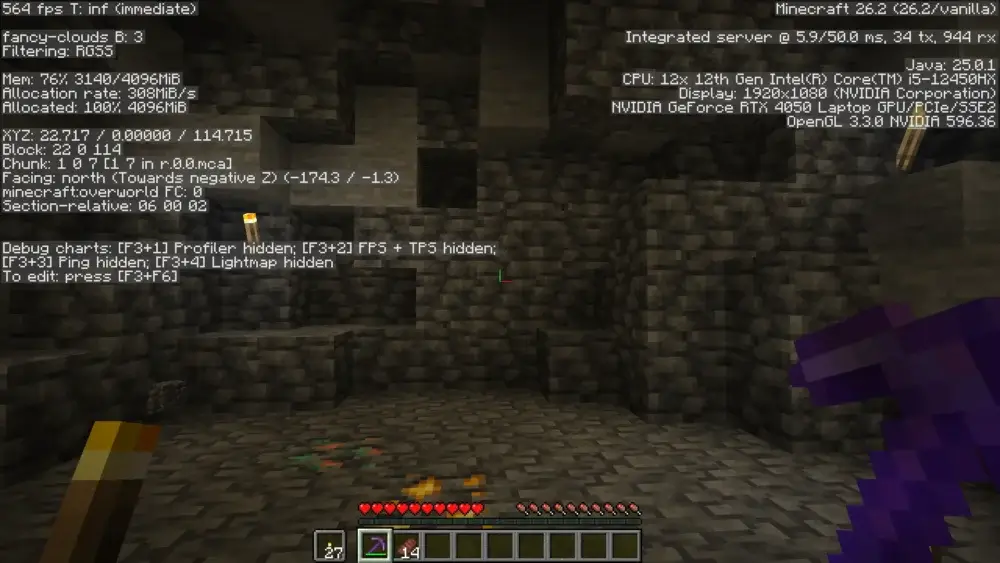 Minecraft player checking coordinates underground below Y=40 to find a slime chunk