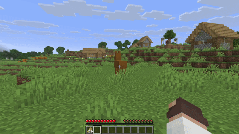 Minecraft player approaching a brown llama near a village