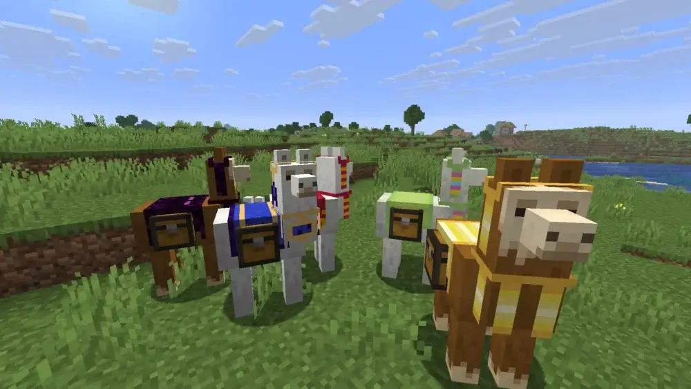 Minecraft llamas wearing carpets and chests in a grassy plains biome
