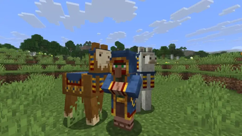 Wandering trader standing with two trader llamas in Minecraft