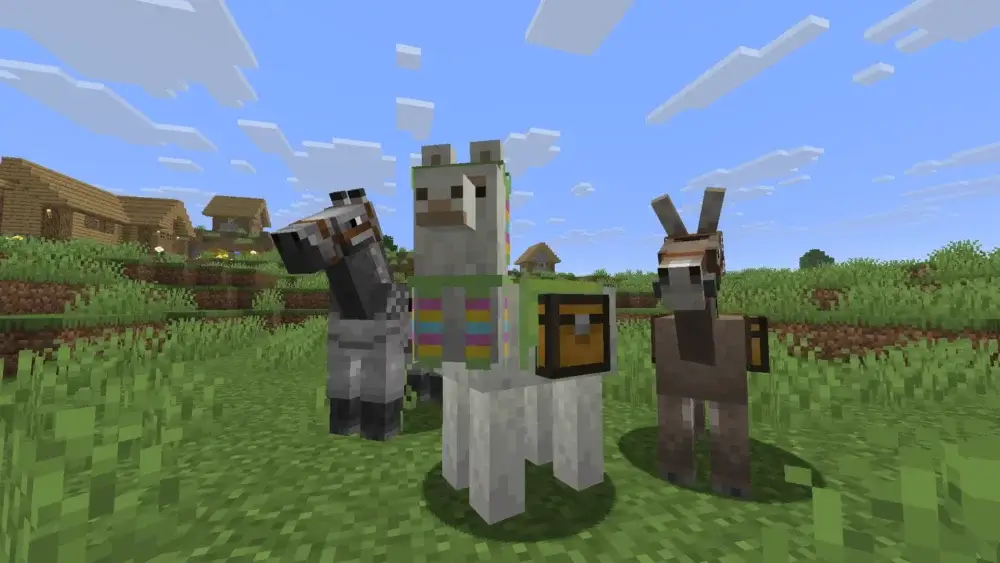 Minecraft llama, horse, and donkey equipped with storage chests in a plains biome