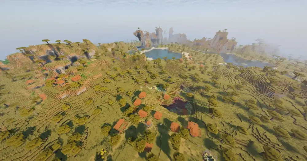 3 Savanna villages around a Sulfur Cave in Minecraft