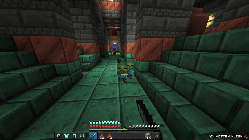 Minecraft Trial Chamber corridor made of copper and tuff blocks