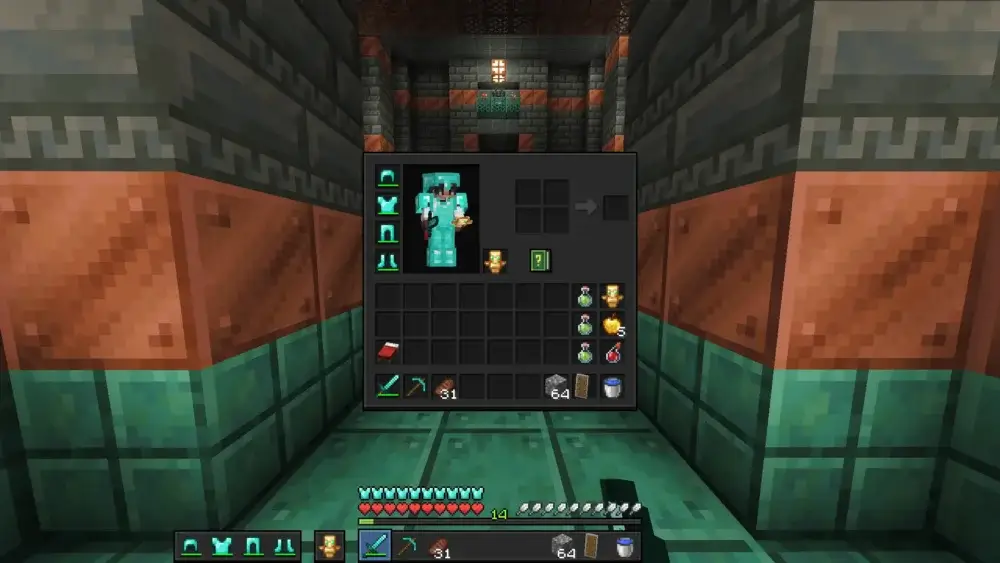 Minecraft player inventory open inside a Trial Chamber
