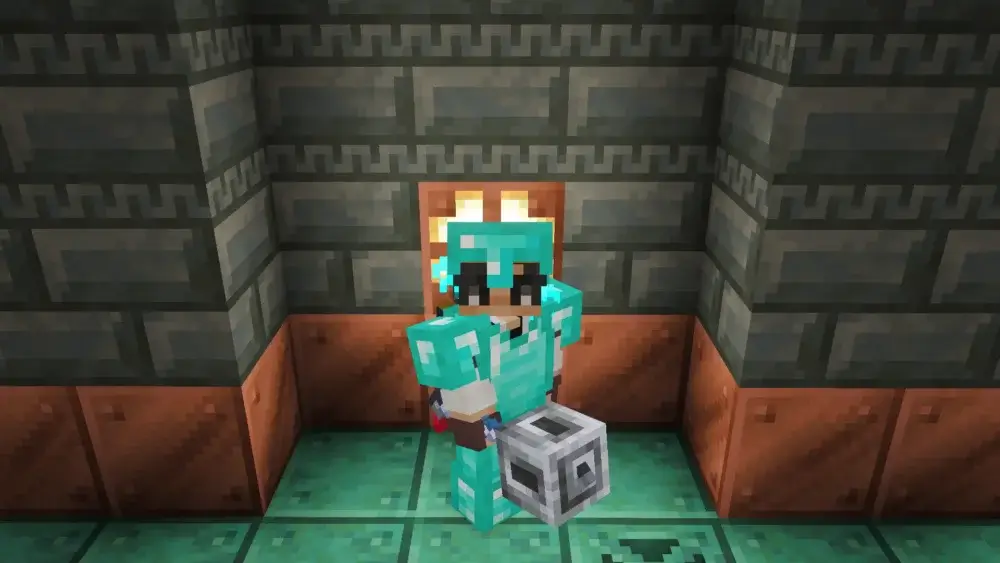 Minecraft player in diamond armor holding a Heavy Core inside a Trial Chamber