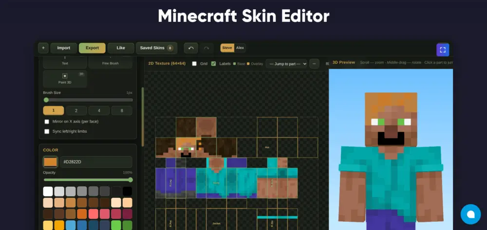 Godlike Minecraft Skin Editor with a 2D texture canvas and 3D character preview
