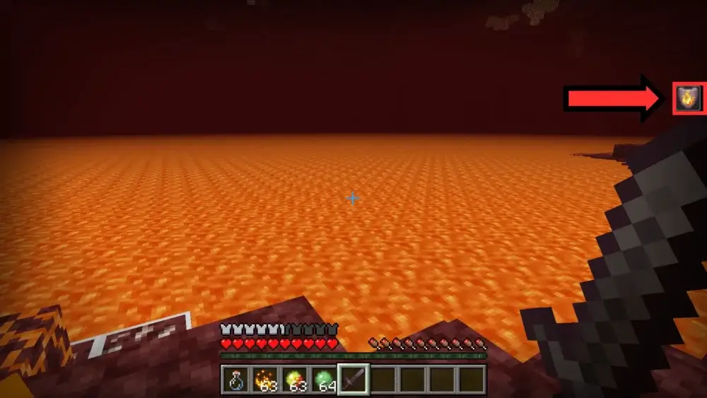 Minecraft player with Fire Resistance effect standing near a large lava lake in the Nether