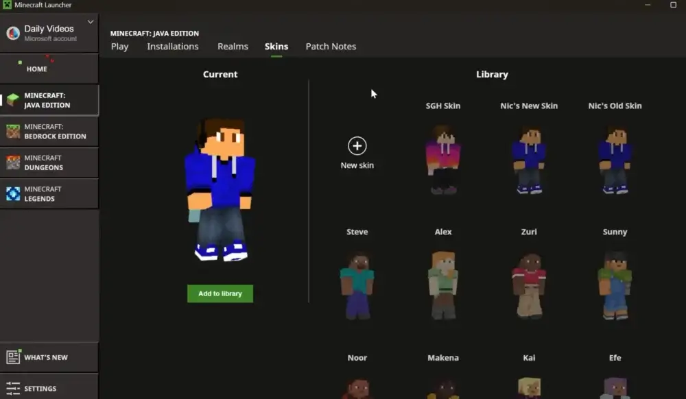 Minecraft Launcher Skins tab showing the current Java Edition skin and skin library