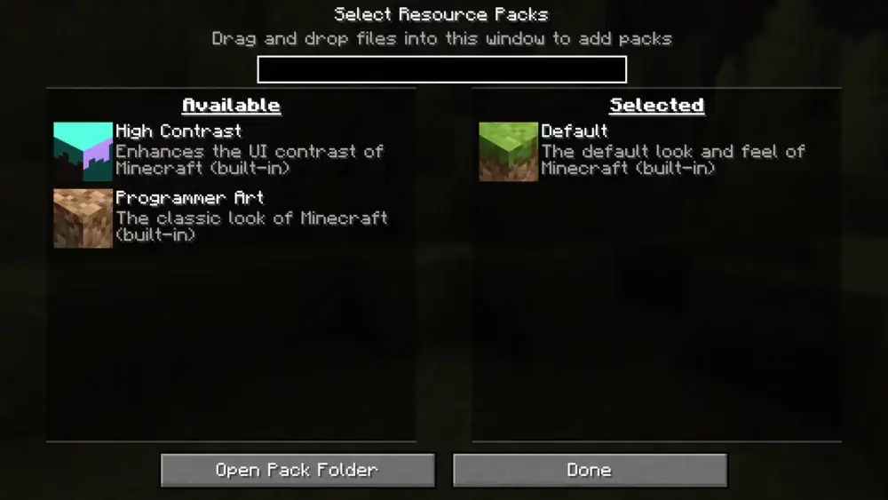 Minecraft Java Resource Packs screen with available and selected packs