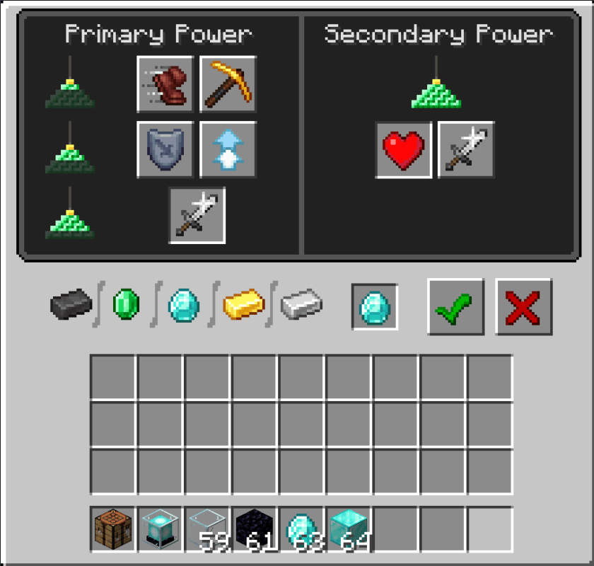 Minecraft beacon menu showing primary and secondary power options