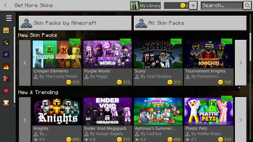 Minecraft Launcher Skins tab showing the current Java Edition skin and skin library