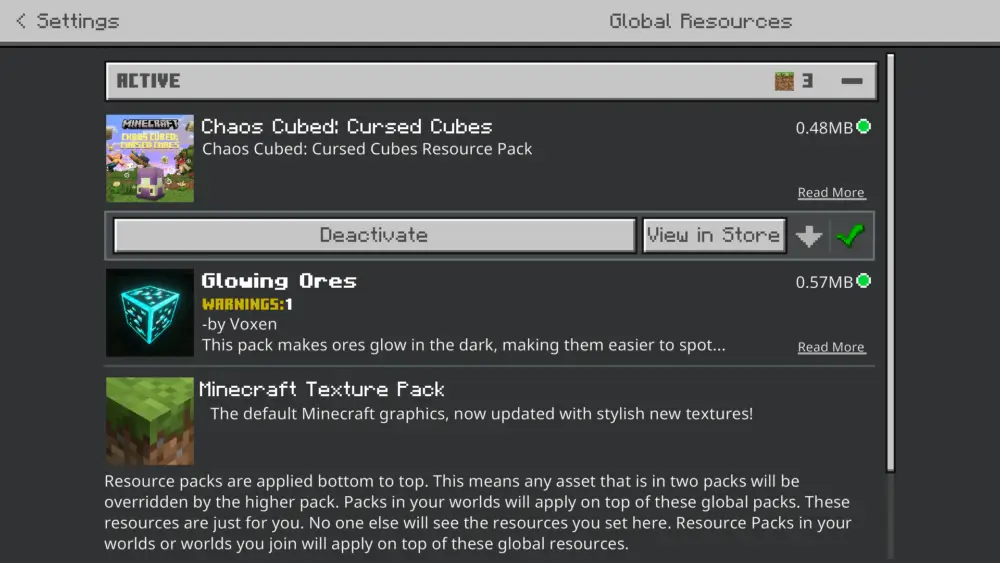 Minecraft Bedrock Global Resources menu showing active resource packs