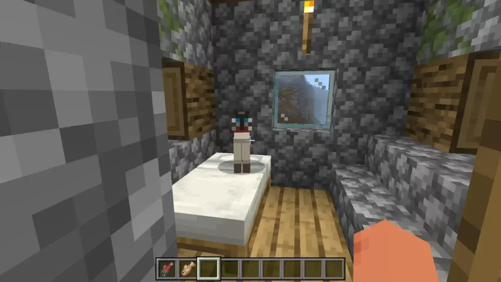 Tamed Minecraft cat sitting on a bed inside a village house