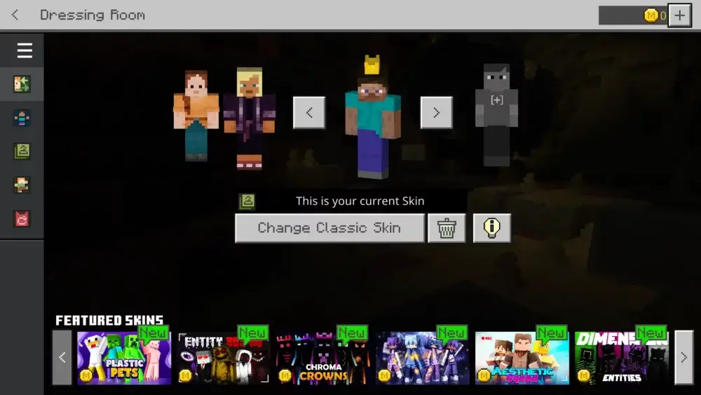 Minecraft Bedrock Dressing Room showing the current skin and featured skin packs