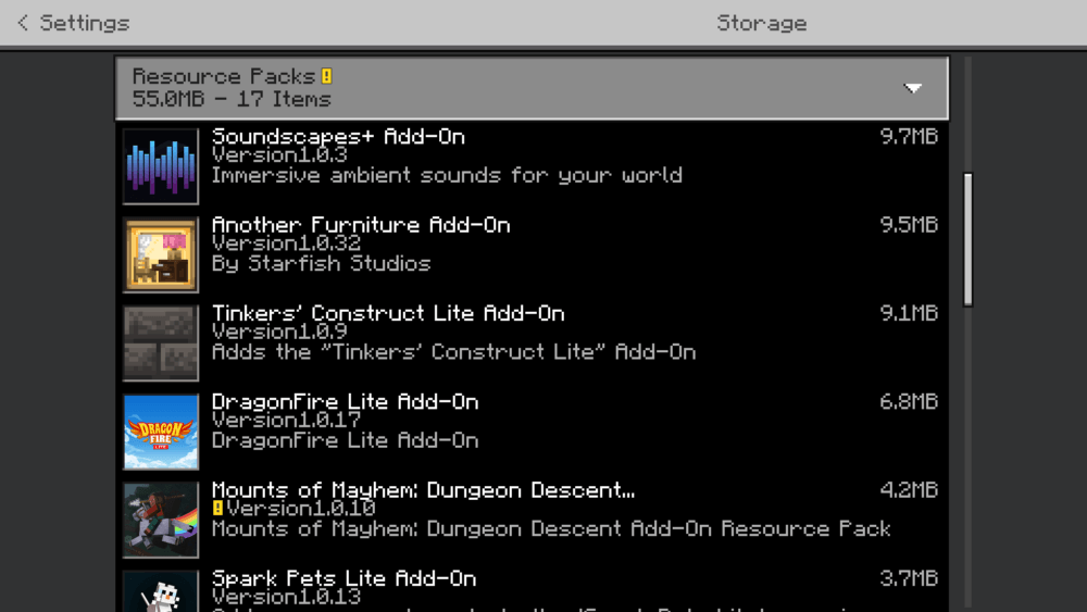 Minecraft Bedrock storage settings showing installed resource packs and add-ons