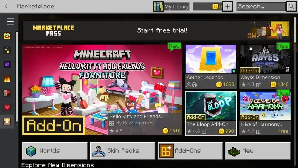 Minecraft Marketplace showing add-ons, worlds, skin packs, and featured content