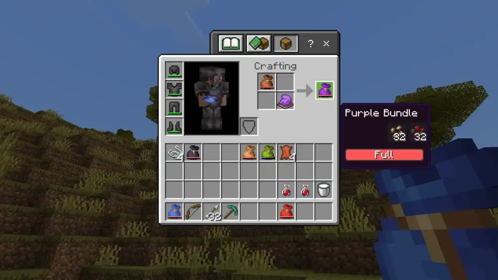 Dyeing a Minecraft Bundle purple using dye in the crafting grid
