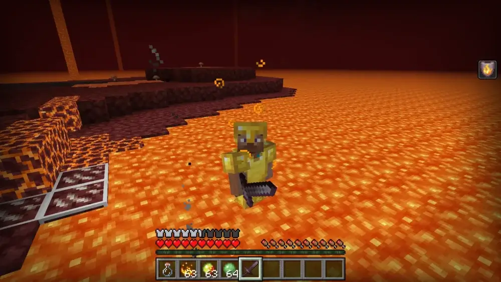 Minecraft player safely standing in lava with the Fire Resistance effect