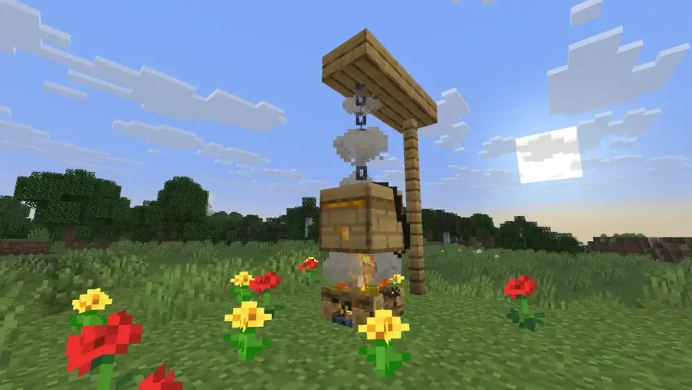 Minecraft beehive with bees flying around a campfire in a flower field