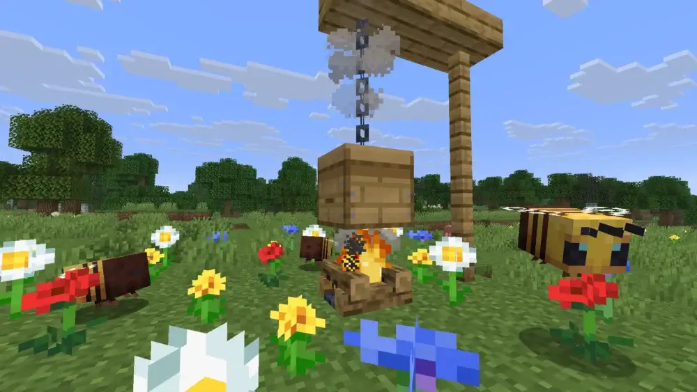 Minecraft bees flying around a beehive above a campfire in a flower field