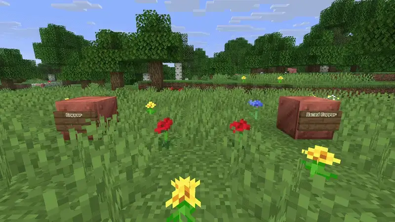 Minecraft copper and waxed copper blocks displayed in a flower field
