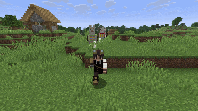Minecraft player leading a caravan of llamas through a village