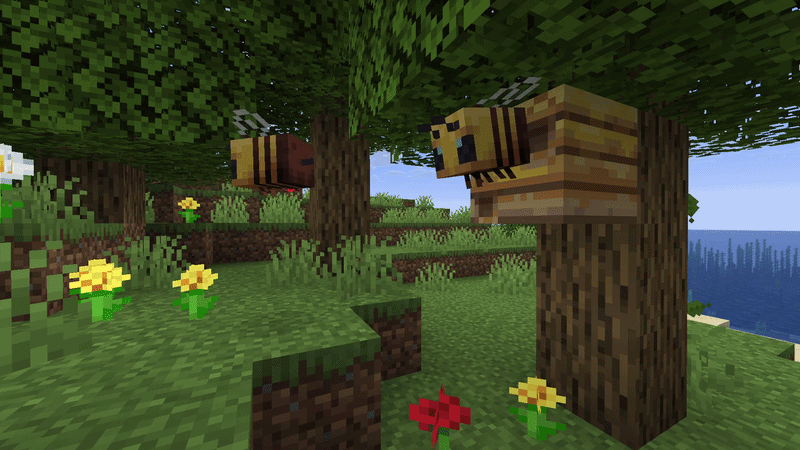 Minecraft bees flying around a bee nest attached to an oak tree