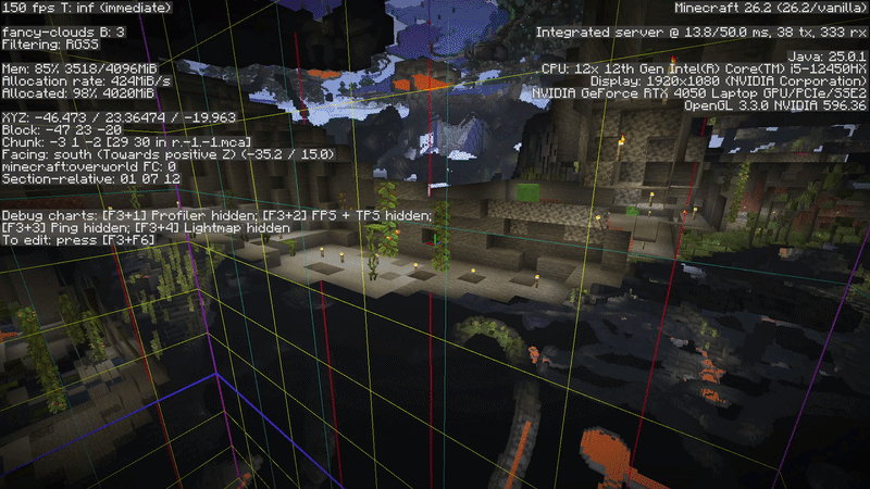 Minecraft Java Edition showing chunk borders underground with F3 and G