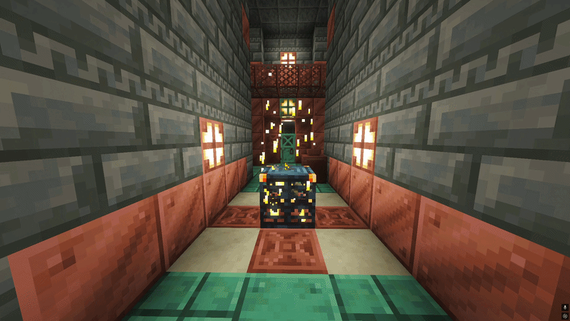 Minecraft Vault block inside a Trial Chamber corridor