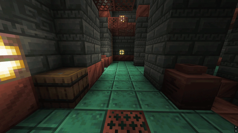 Minecraft Trial Chamber corridor with copper and tuff blocks