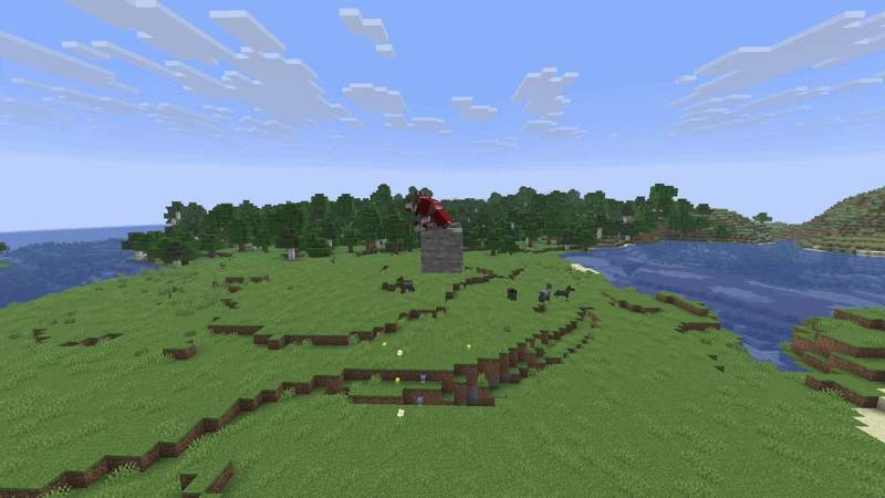 Minecraft wolf wearing armor on a high platform during a fall damage test