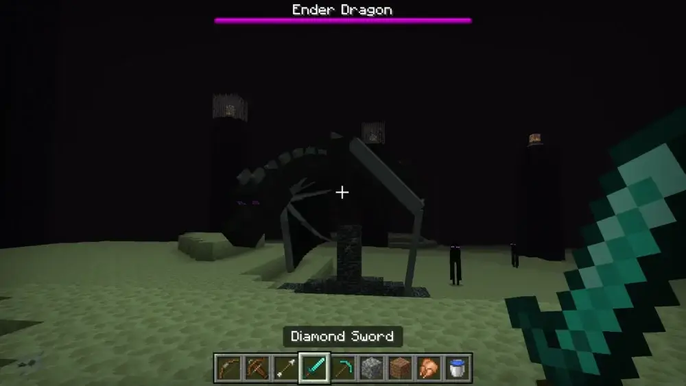 Minecraft player facing the Ender Dragon during the boss fight