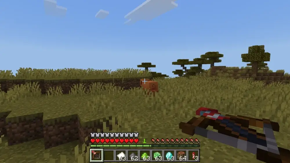 Minecraft player aiming a crossbow loaded with a Firework Rocket
