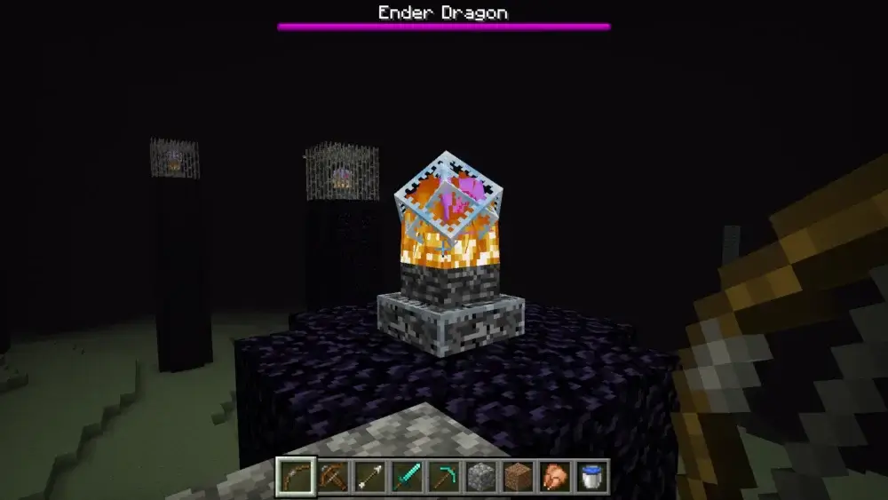 End Crystal on an obsidian pillar during the Ender Dragon fight