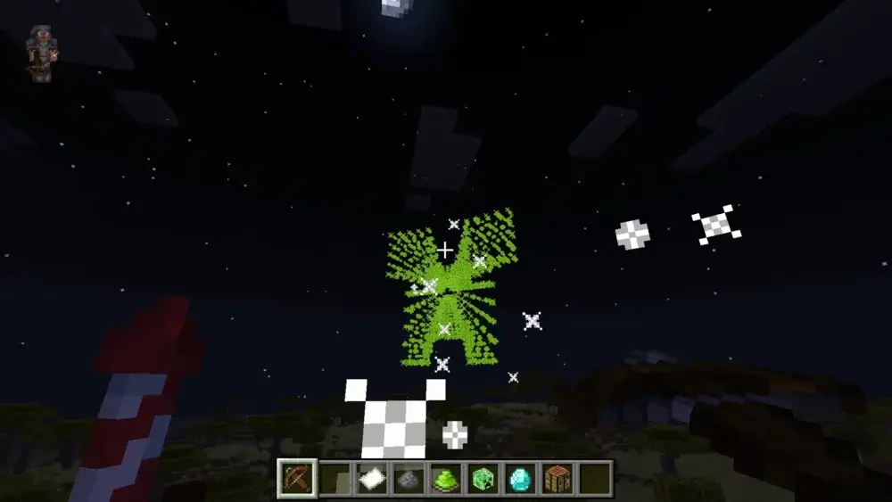Green decorative fireworks exploding in the Minecraft night sky