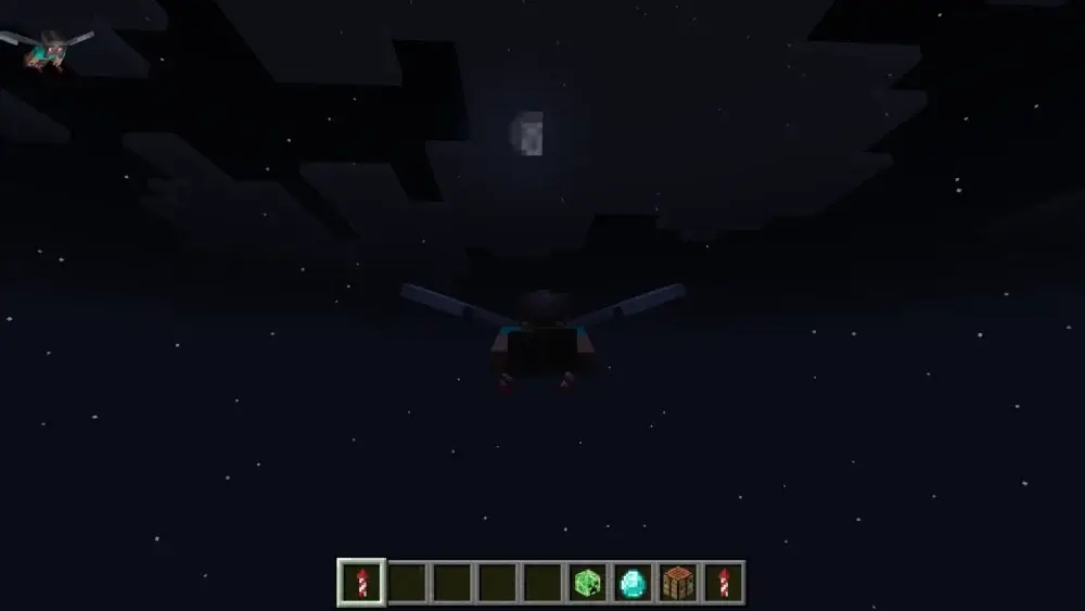 Minecraft player using Firework Rockets to boost an Elytra at night