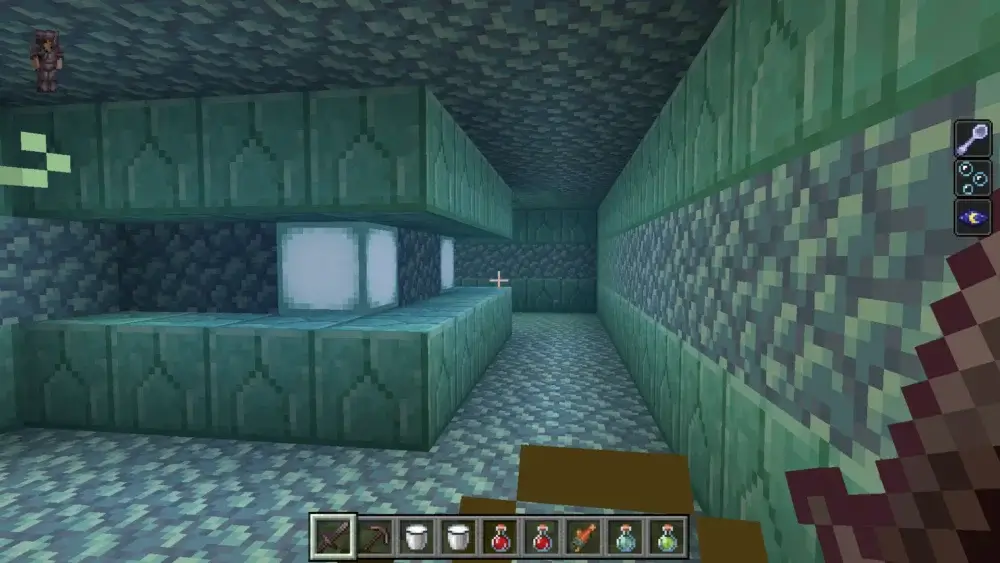 Prismarine corridor inside a Minecraft Ocean Monument