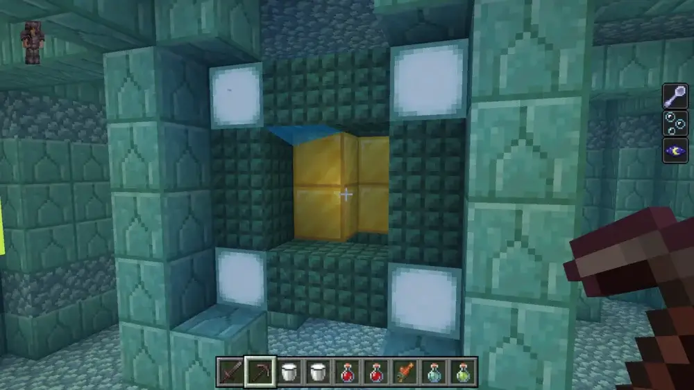 Gold blocks in the treasure chamber of a Minecraft Ocean Monument