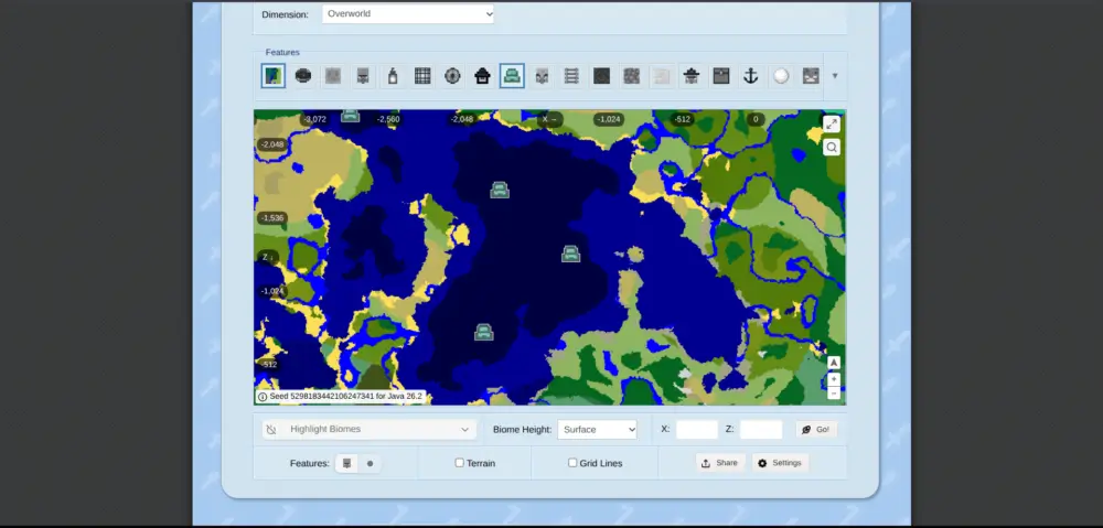 Chunkbase map showing Ocean Monument locations in a Minecraft world