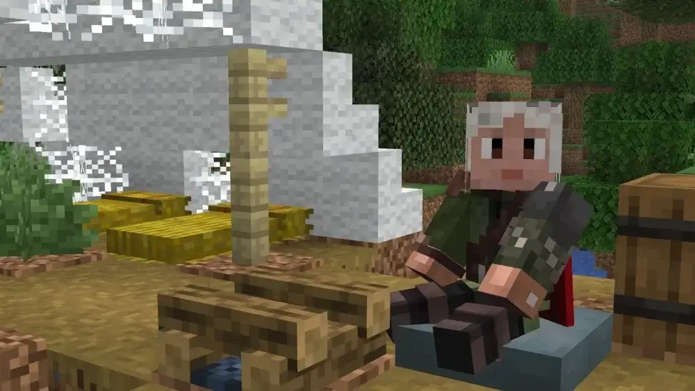 Minecraft player sitting on a Cushion at an Abandoned Camp