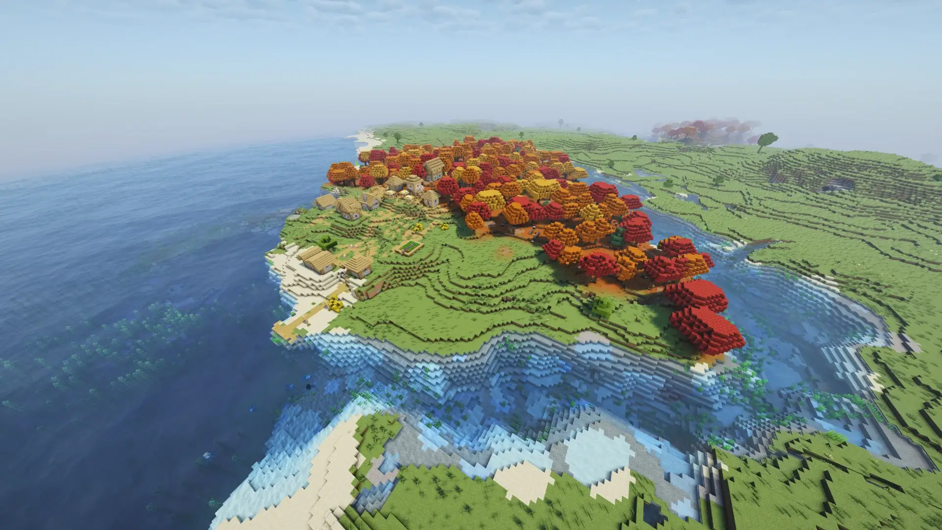 Island Village With Dappled Forest Biome Near Ocean