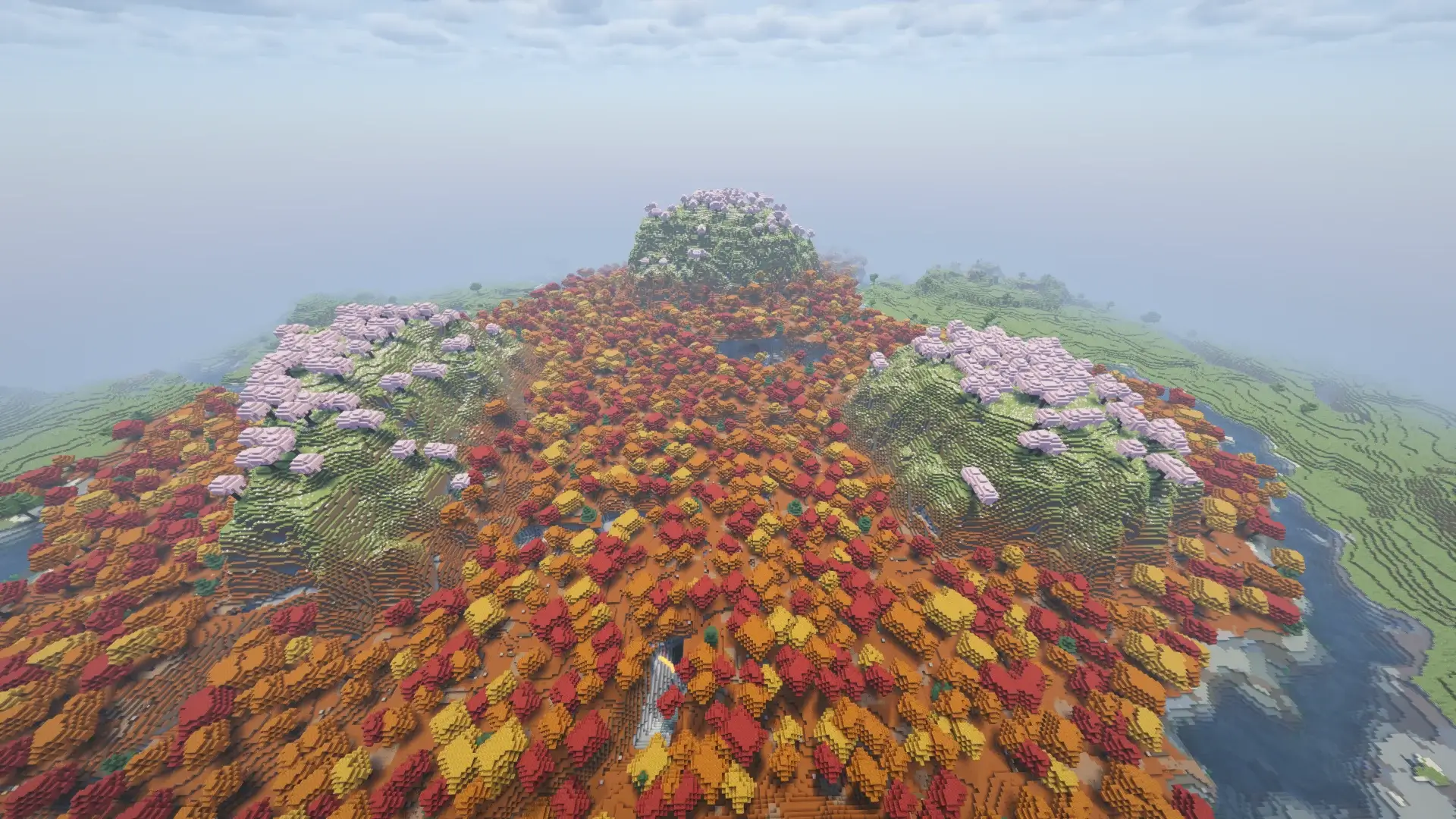 Huge Dappled Forest Biome With Cherry Hills And Village