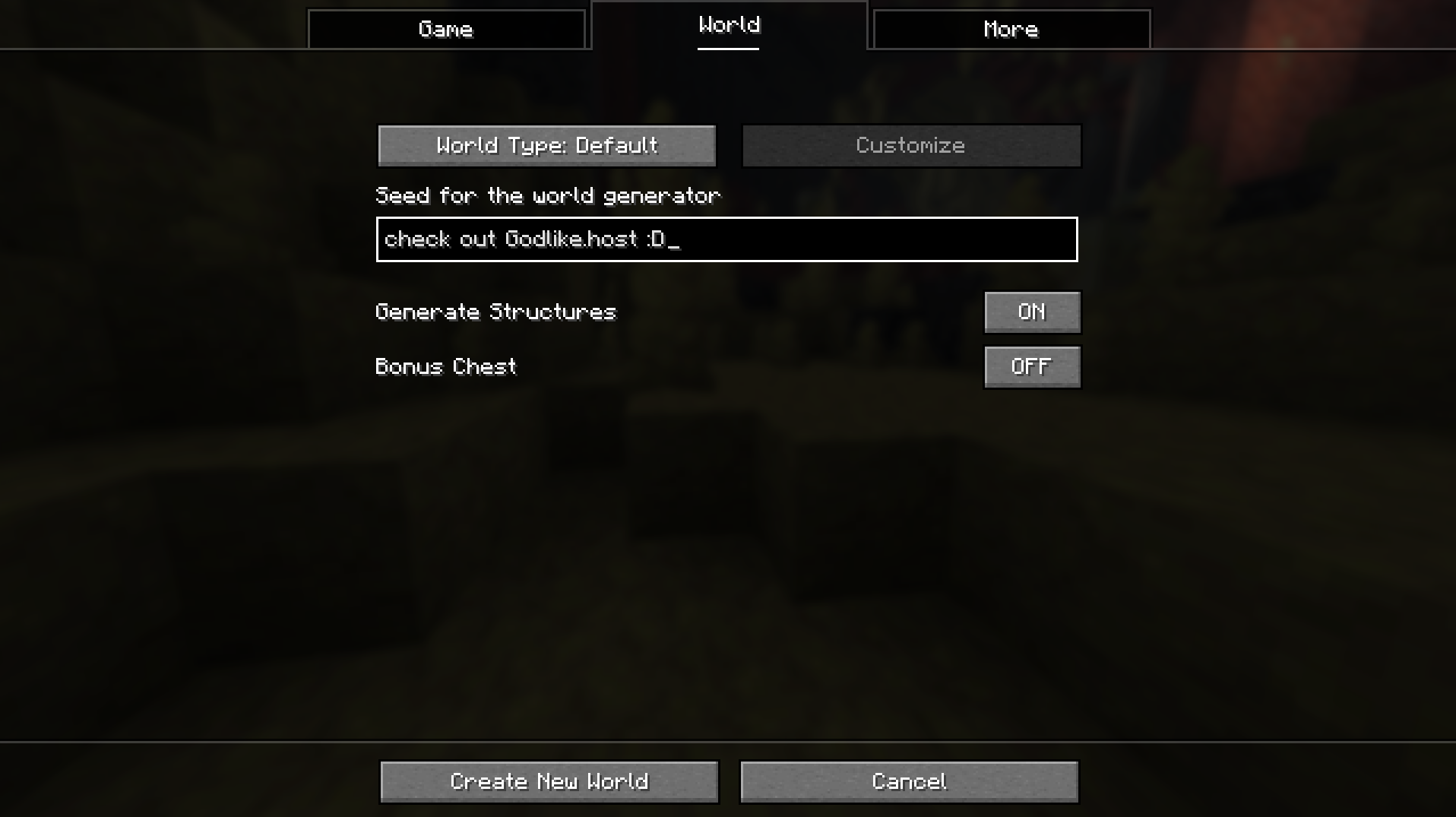 Minecraft seed input field