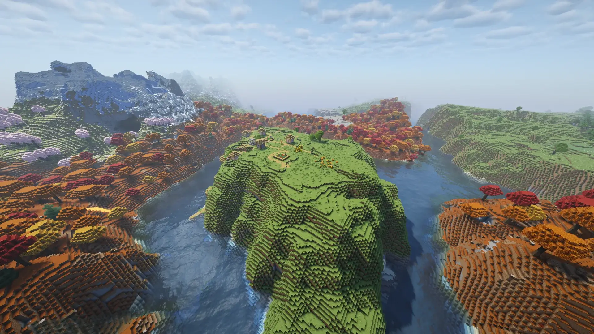 Hilltop Island Village Surrounded by Dappled Forest